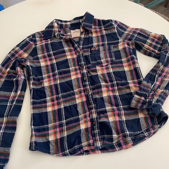 Hollister Plaid Navy Pink White Yellow Teal Flannel long sleeve button down- M - Picture 8 of 9